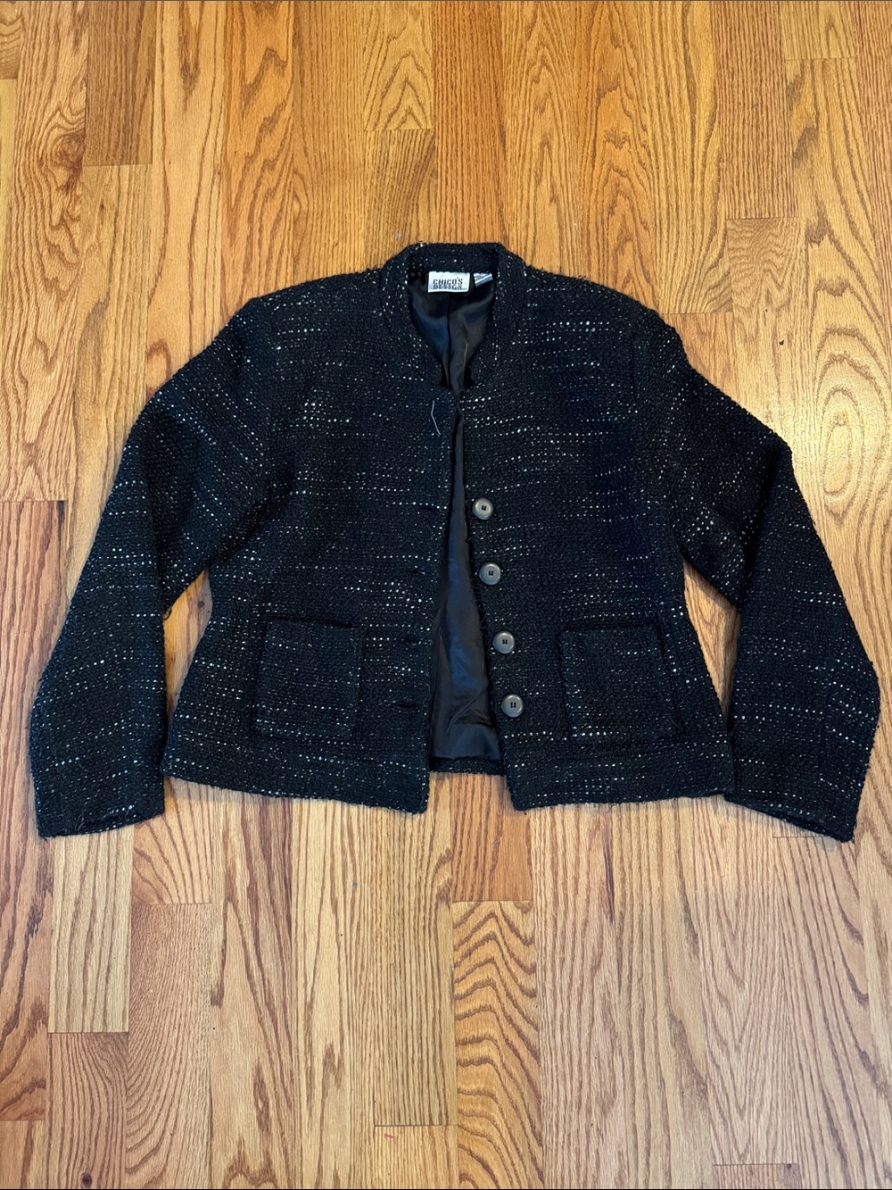 Chico's Black Tweed Collarless Button-Front Jacket